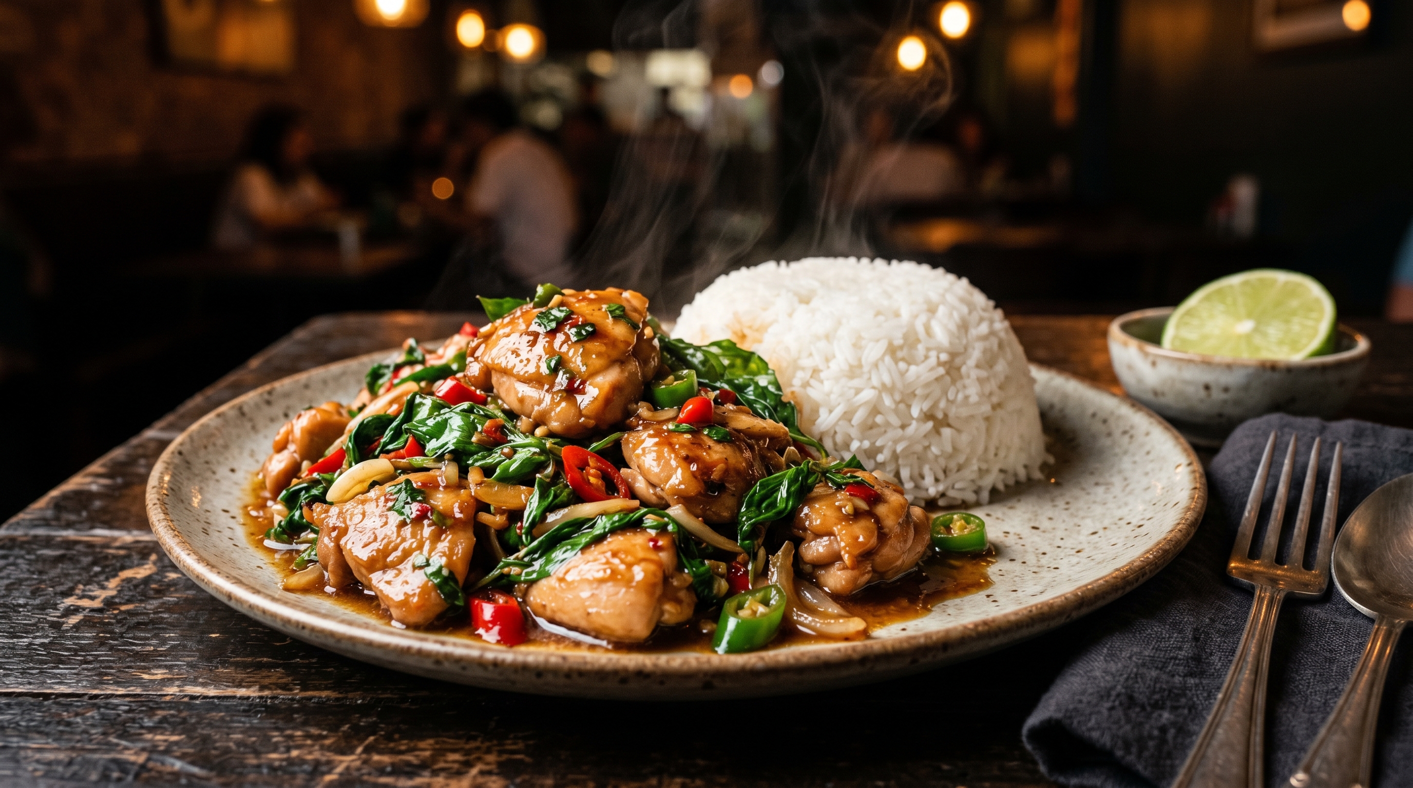 Thailändisches Hähnchen-Basilikum mit Jasminreis