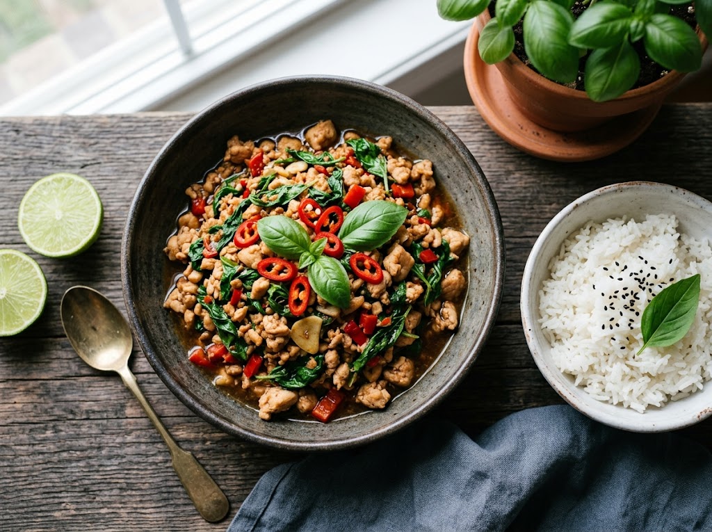 Thailändisches Hähnchen-Basilikum mit Jasminreis