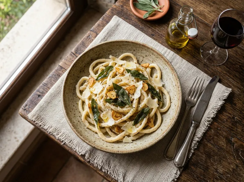Toskanische Pici mit Knoblauch und frischem Salbei