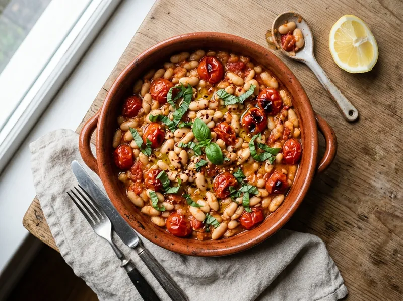 Toskanische Tomaten-Bohnen-Pfanne mit frischem Basilikum
