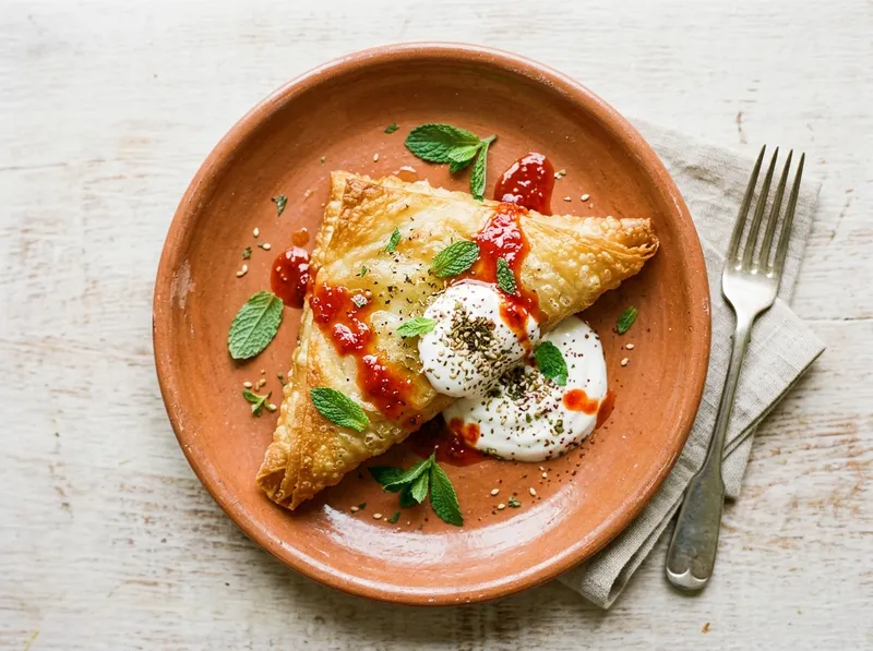 Tunesische Brik-Päckchen mit Za'atar-Joghurt und Harissa-Honig