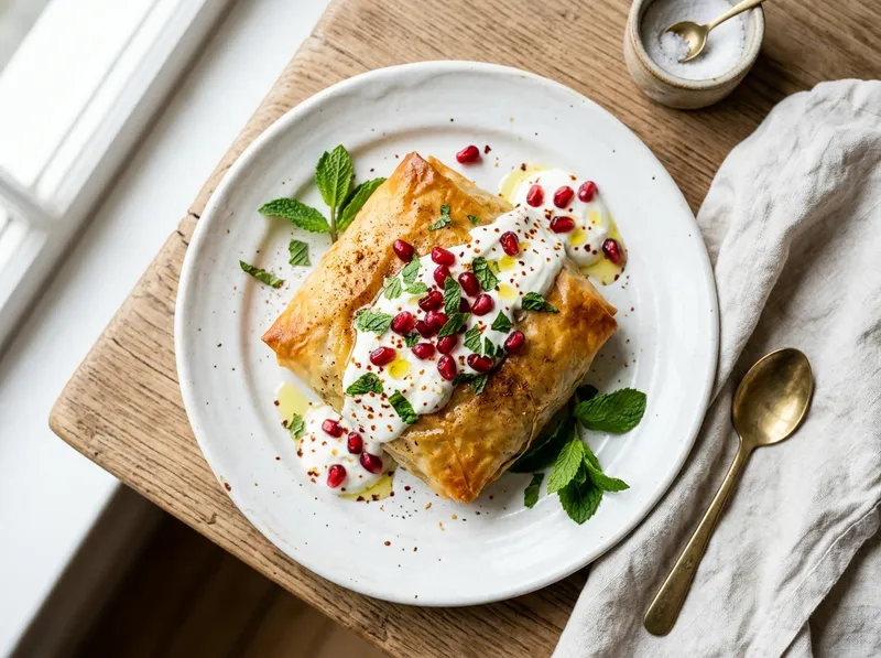 Tunesische Brik-Tajine mit Harissa-Lamm und Granatapfel-Minz-Joghurt