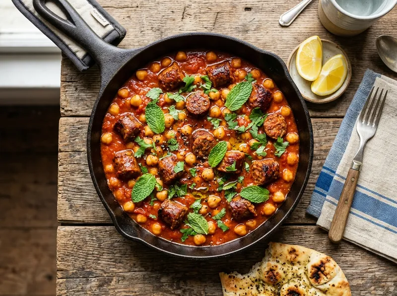 Tunesische Merguez-Kichererbsen-Pfanne mit Harissa und frischer Minze