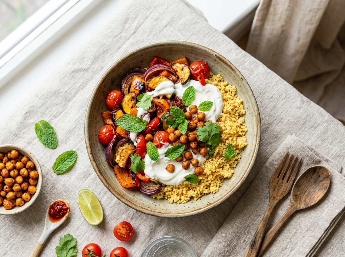 Tunesischer Couscous mit Harissa-Gemüse und frischer Minze