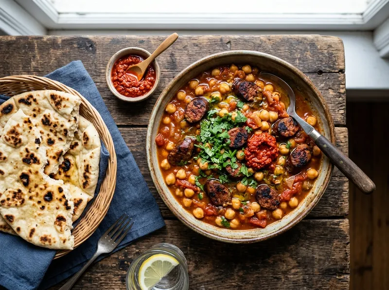 Tunesischer Merguez-Eintopf mit Kichererbsen und Harissa