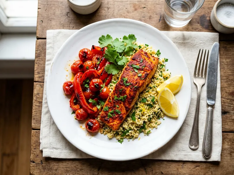 Tunesisches Ofenblech mit Harissa-Lachs und Zitronen-Couscous