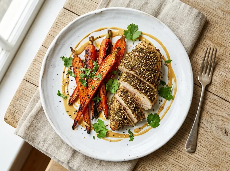 Tunesisches Za'atar-Hähnchen mit Harissa-Karotten und Zitronen-Tahini