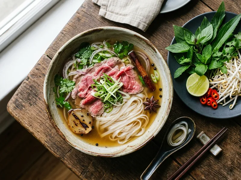 Vietnamesische Pho Bo mit frischen Kräutern