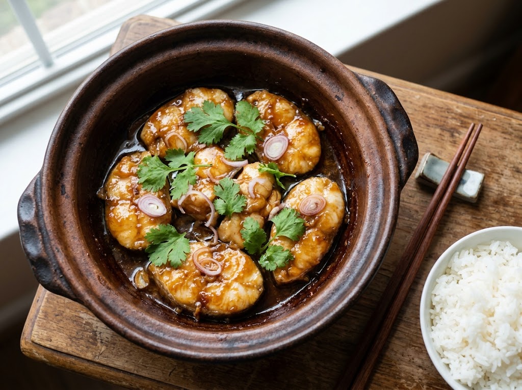 Vietnamesischer Caramelised Fisch mit Ingwer und Koriander