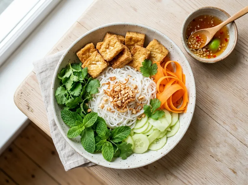 Vietnamesischer Reisnudel-Bowl mit Tofu und Nuoc Cham