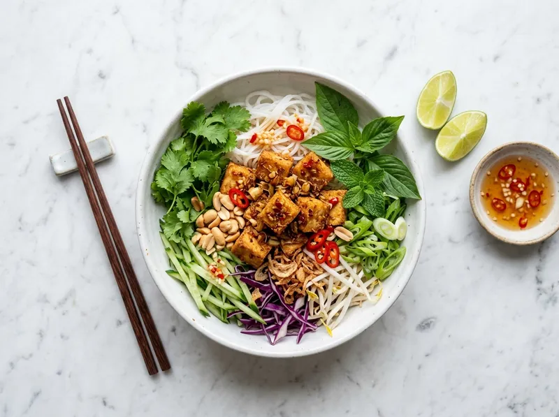 Vietnamesischer Reisnudel-Bowl mit Zitronengras-Tofu und Kräutern