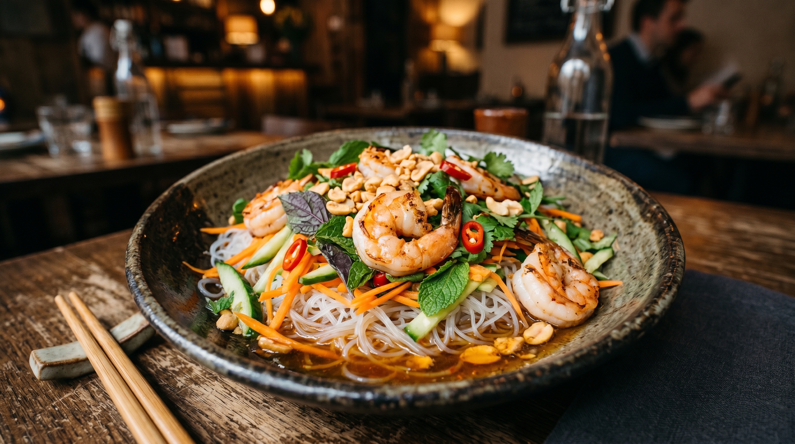 Vietnamesischer Reisnudelsalat mit Garnelen und Nuoc Cham