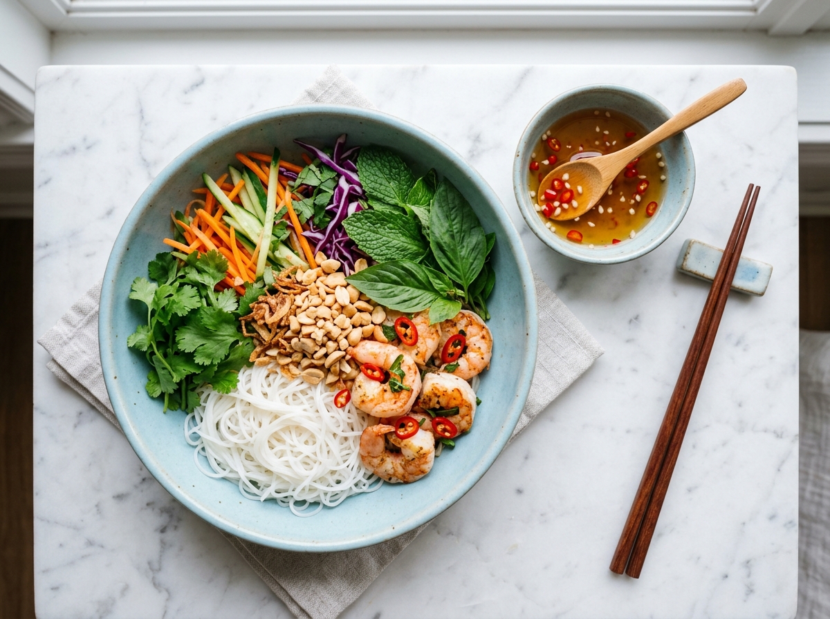 Vietnamesischer Reisnudelsalat mit Garnelen und Nuoc Cham