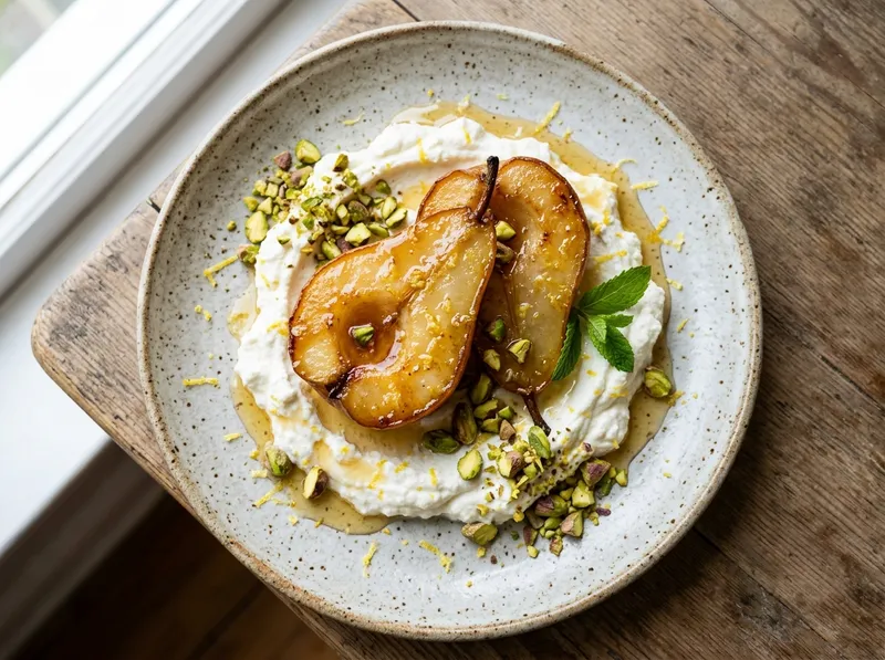 Warme Honig-Zitronen-Birnen mit Ricotta und Pistazien