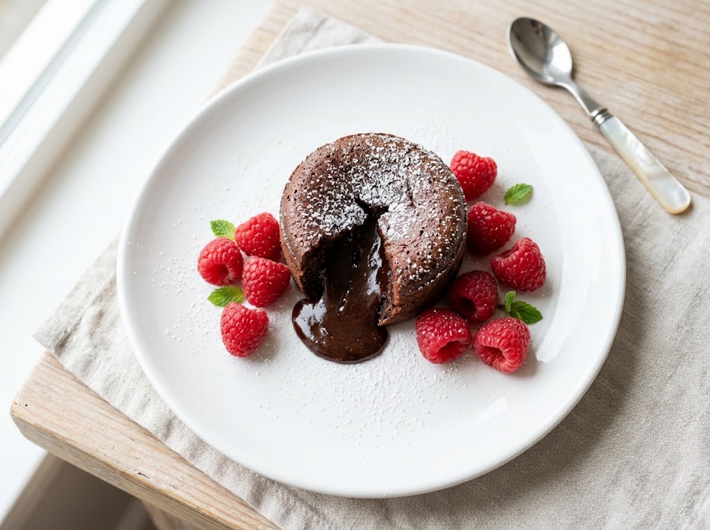 Warme Schokoladen-Lava-Törtchen mit frischen Himbeeren