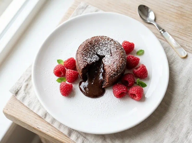 Warme Schokoladen-Lava-Törtchen mit frischen Himbeeren