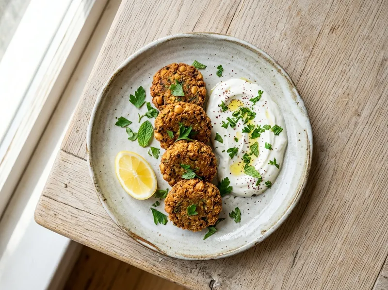 Würzige Falafel-Patties mit Zitronenjoghurt und frischem Krautersalat