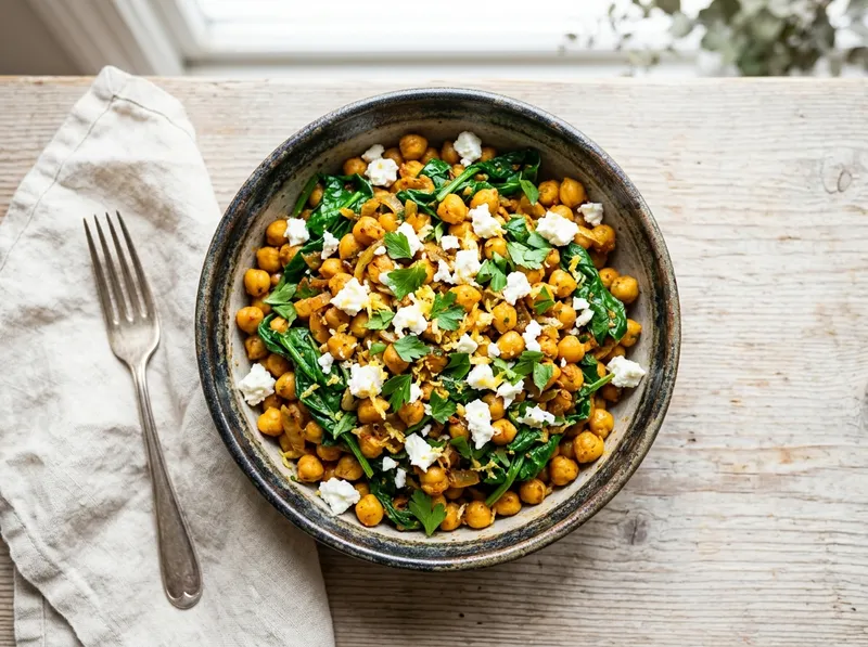 Würzige Harissa-Kichererbsen mit Spinat und Feta