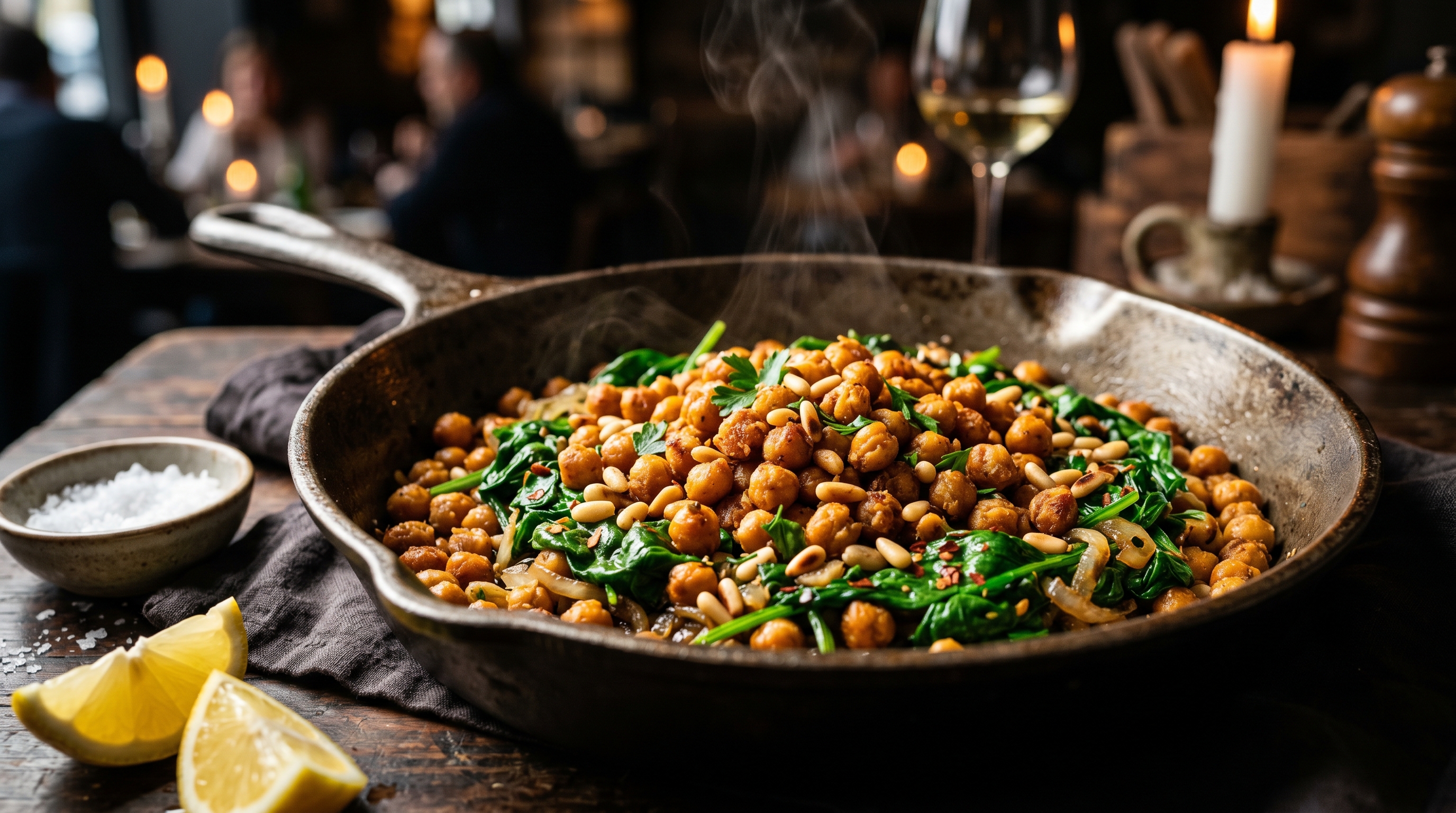 Würzige Kichererbsen-Pfanne mit Spinat und Zitrone