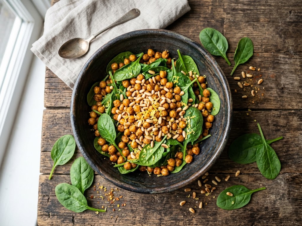 Würzige Kichererbsen-Pfanne mit Spinat und Zitrone
