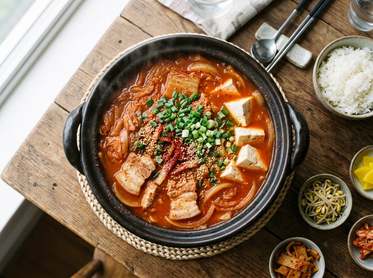 Würzige koreanische Kimchi-Jjigae mit Schweinebauch