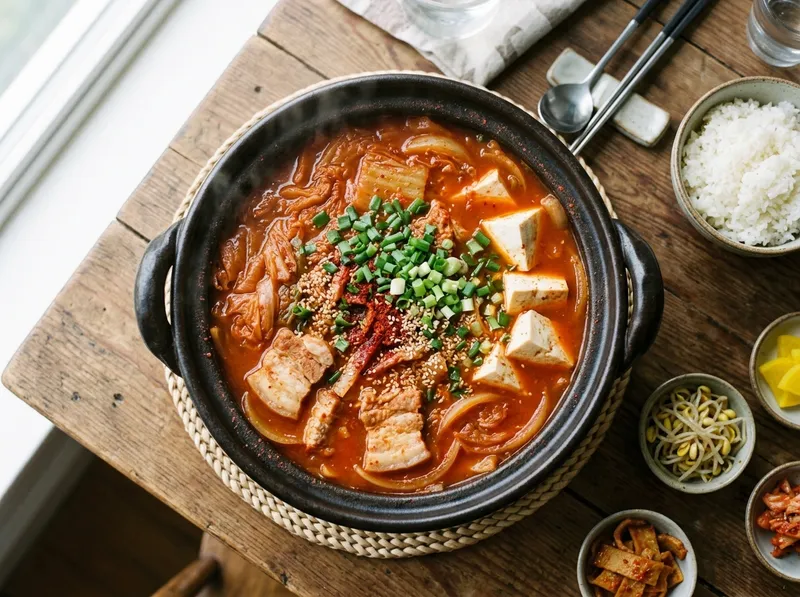 Würzige koreanische Kimchi-Jjigae mit Schweinebauch