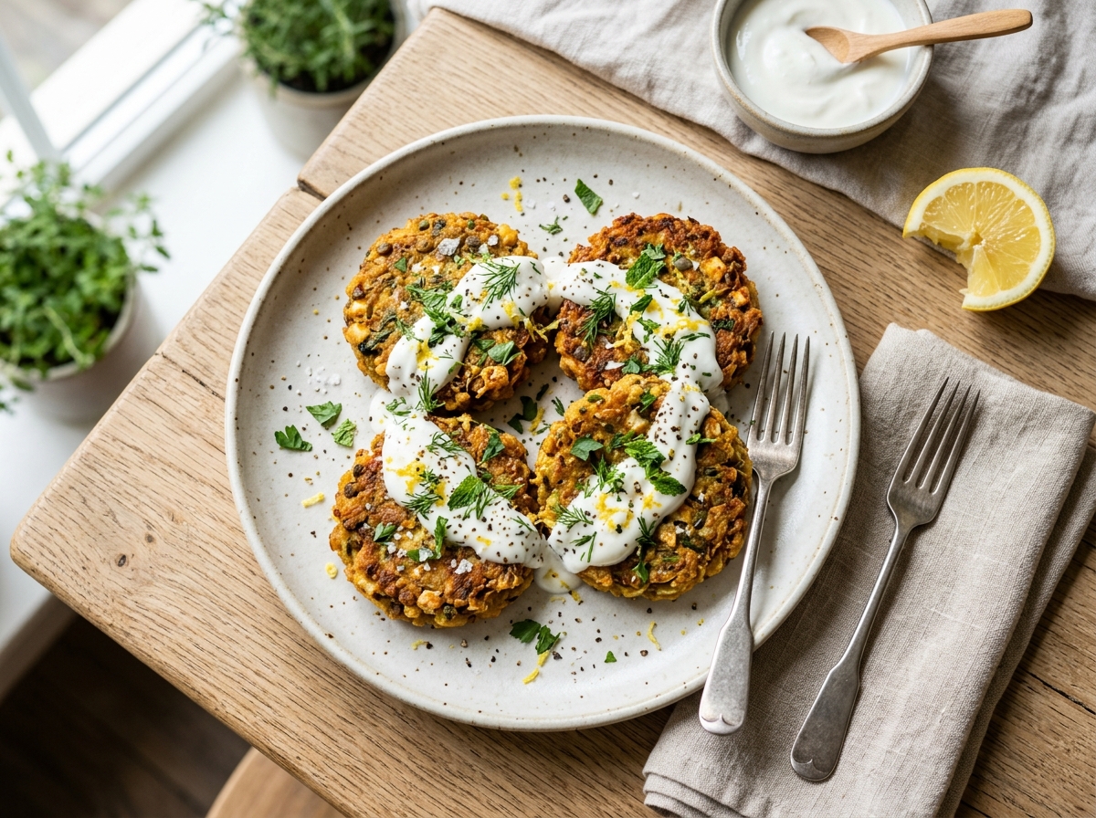 Würzige Linsen-Feta-Frikadellen mit Joghurt-Kräuter-Dip
