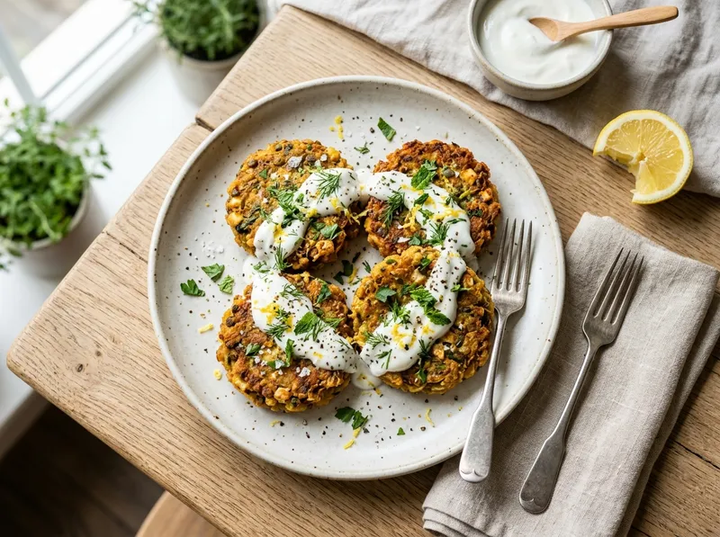 Würzige Linsen-Feta-Frikadellen mit Joghurt-Kräuter-Dip