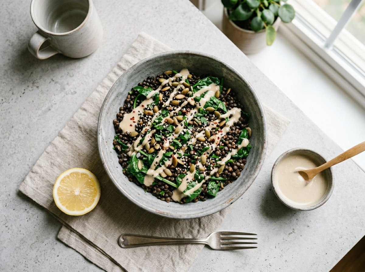Würzige Linsen-Spinat-Bowl mit Zitronen-Tahini und gerösteten Kürbiskernen