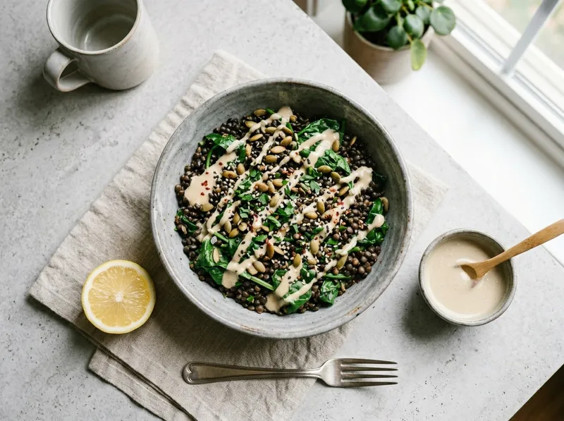 Würzige Linsen-Spinat-Bowl mit Zitronen-Tahini und gerösteten Kürbiskernen