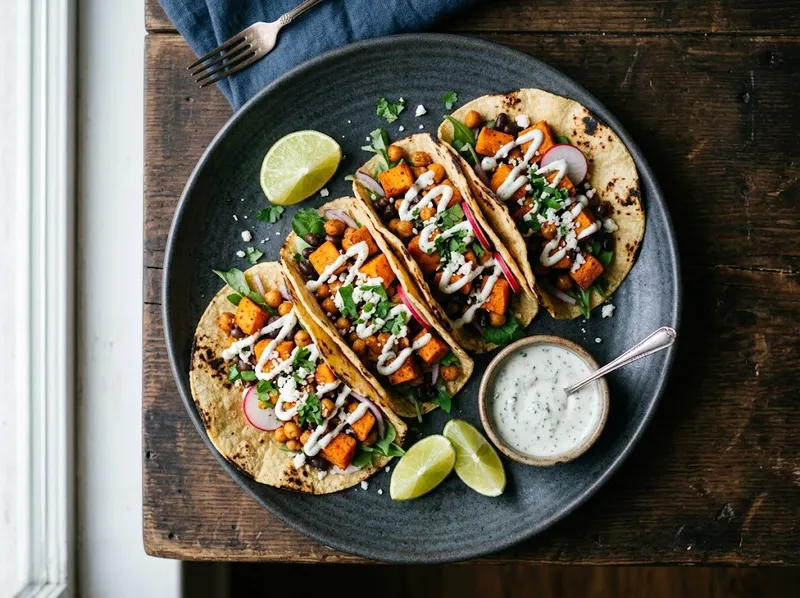 Würzige Süßkartoffel-Kichererbsen-Tacos mit Koriander-Limetten-Crema