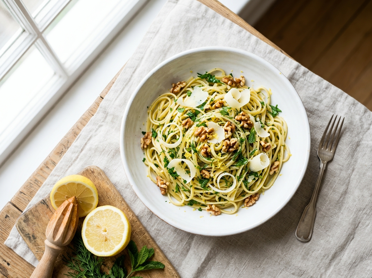 Würzige Zitronen-Kräuter-Pasta mit gerösteten Walnüssen und Pecorino