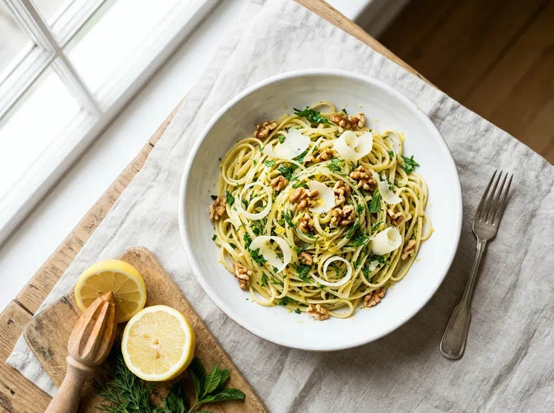 Würzige Zitronen-Kräuter-Pasta mit gerösteten Walnüssen und Pecorino