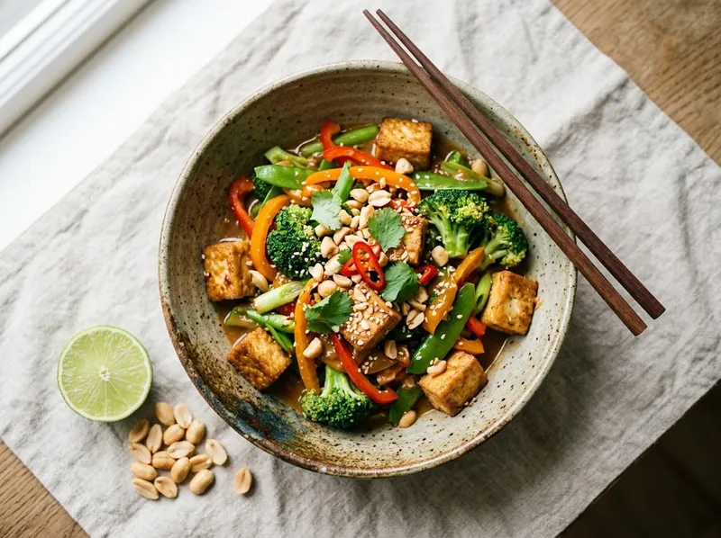 Würziger Brokkoli-Erdnuss-Wok mit Tofu und Limette