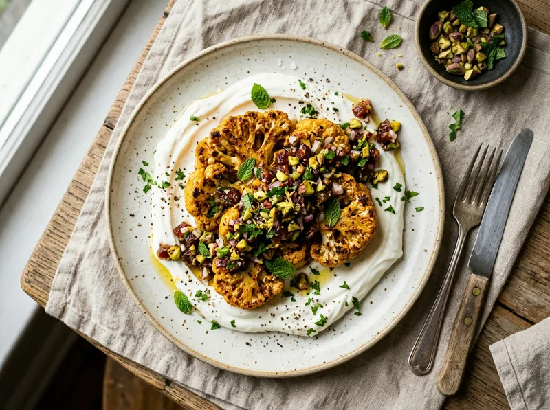 Würziger Harissa-Blumenkohl mit Dattel-Pistazien-Salsa