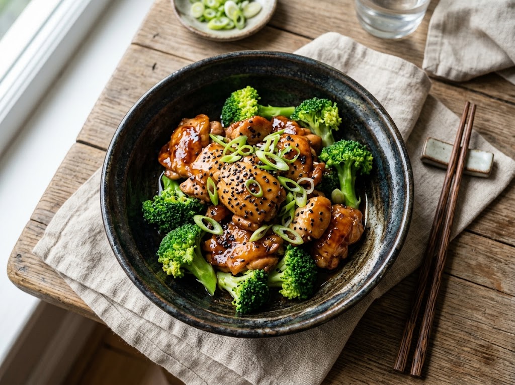 Würziger Ingwer-Hähnchen-Wok mit Brokkoli und schwarzem Sesam