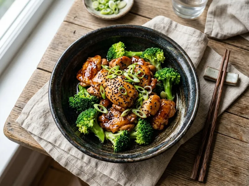 Würziger Ingwer-Hähnchen-Wok mit Brokkoli und schwarzem Sesam
