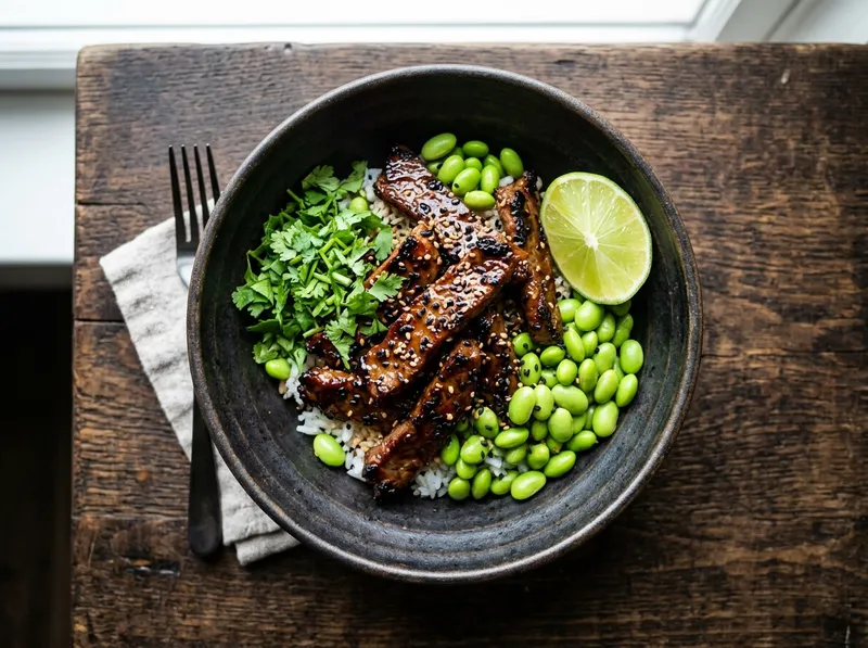 Würziger Ingwer-Limetten-Rindfleisch-Bowl mit Edamame und Koriander
