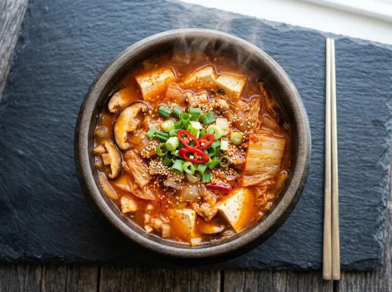 Würziger Kimchi-Tofu-Eintopf mit Shiitake und Frühlingszwiebeln