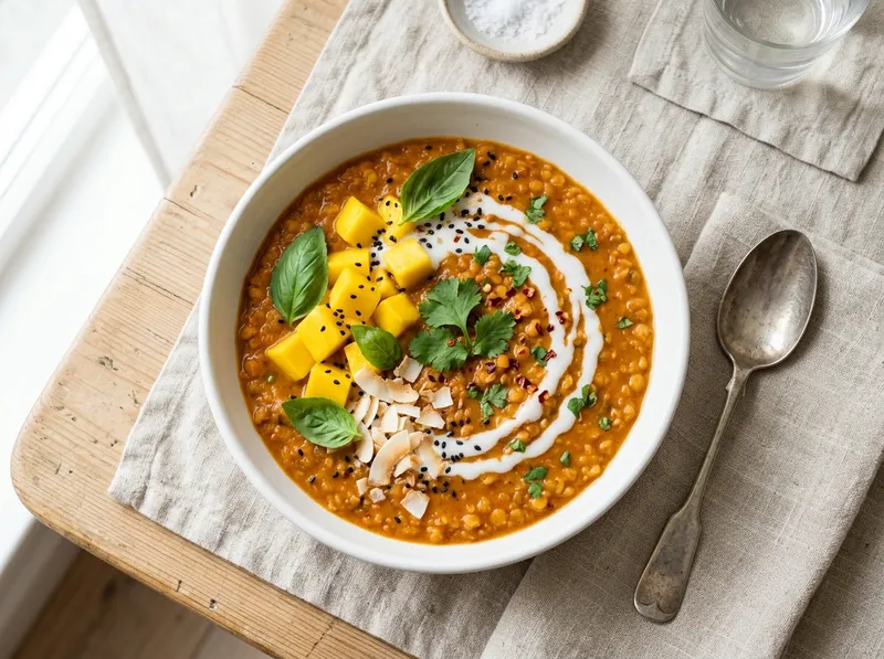 Würziger Kokos-Linsen-Bowl mit Mango und Thai-Basilikum