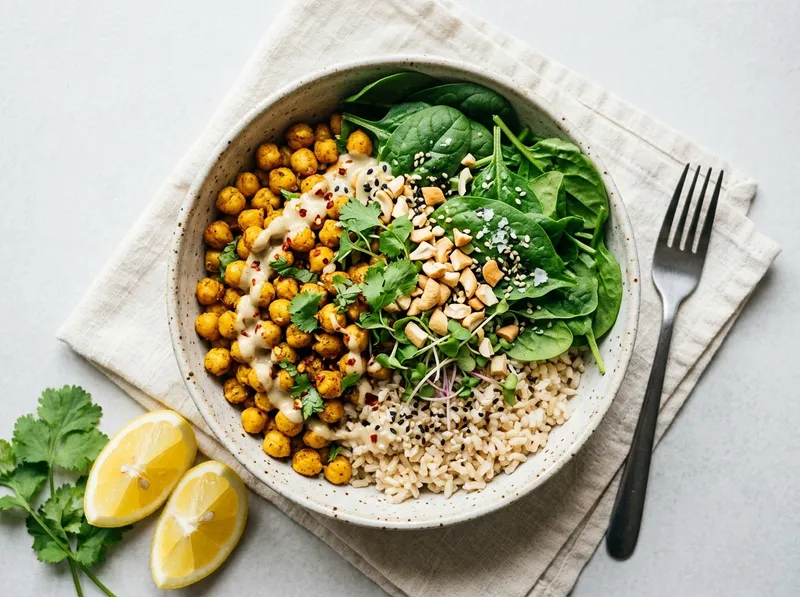 Würziger Kurkuma-Kichererbsen-Bowl mit Spinat und Cashew-Crunch