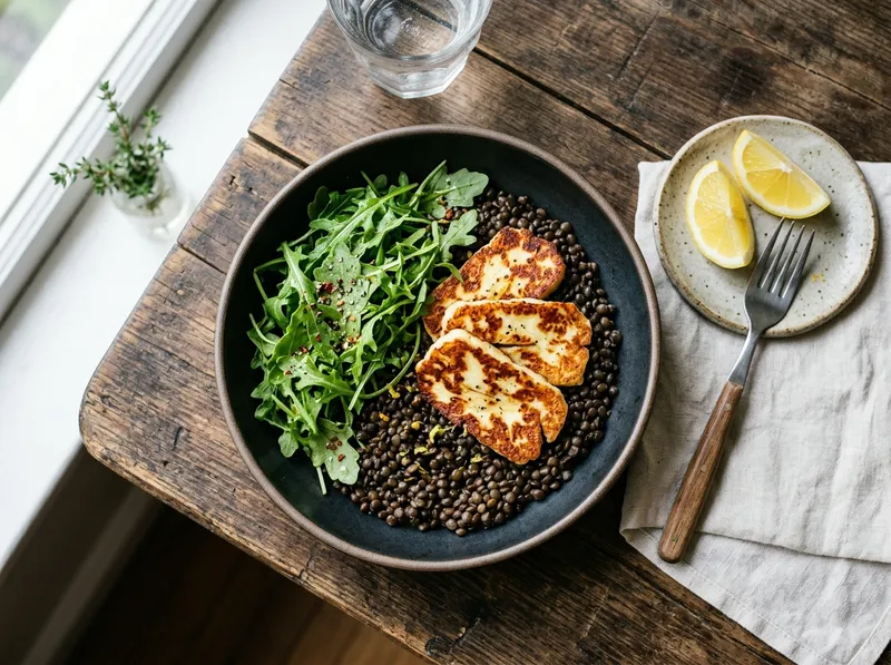 Würziger Linsen-Halloumi-Bowl mit Rucola und Zitrone