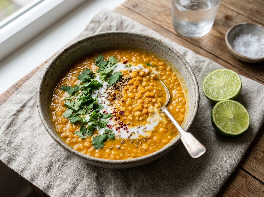 Würziger Linsen-Kokos-Eintopf mit Kurkuma und frischem Koriander