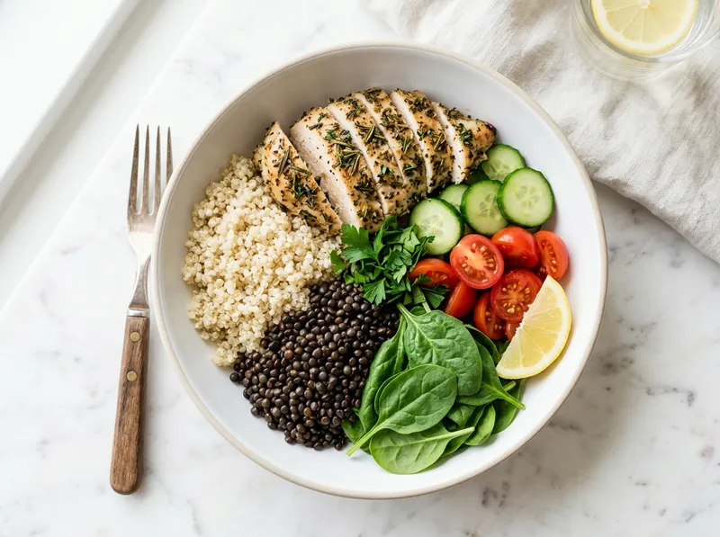 Würziger Linsen-Quinoa-Bowl mit Zitrus-Kräuter-Hähnchen