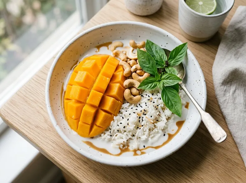 Würziger Mango-Kokos-Bowl mit Cashews und Thai-Basilikum