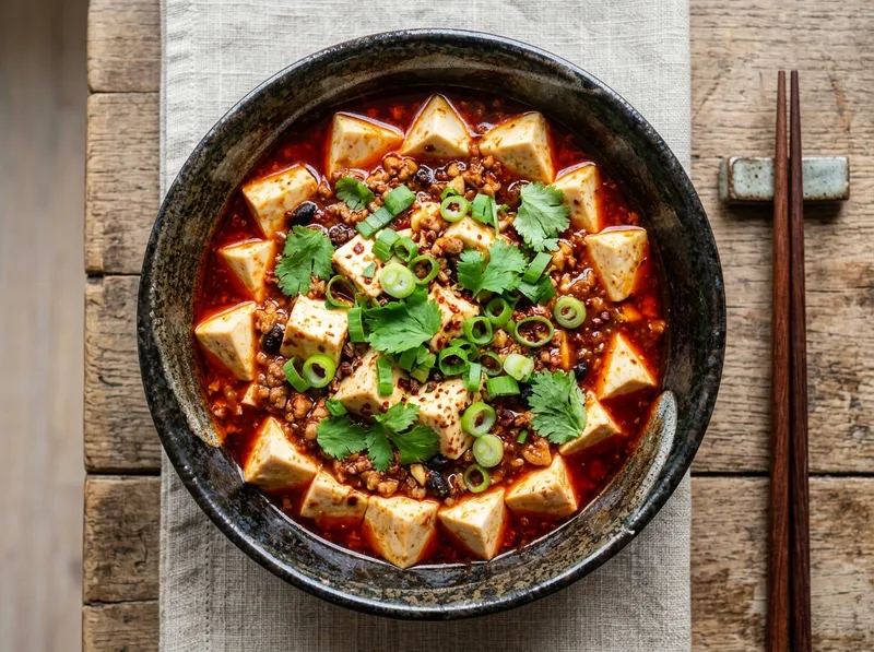 Würziger Mapo-Tofu mit Szechuan-Pfeffer und frischem Koriander