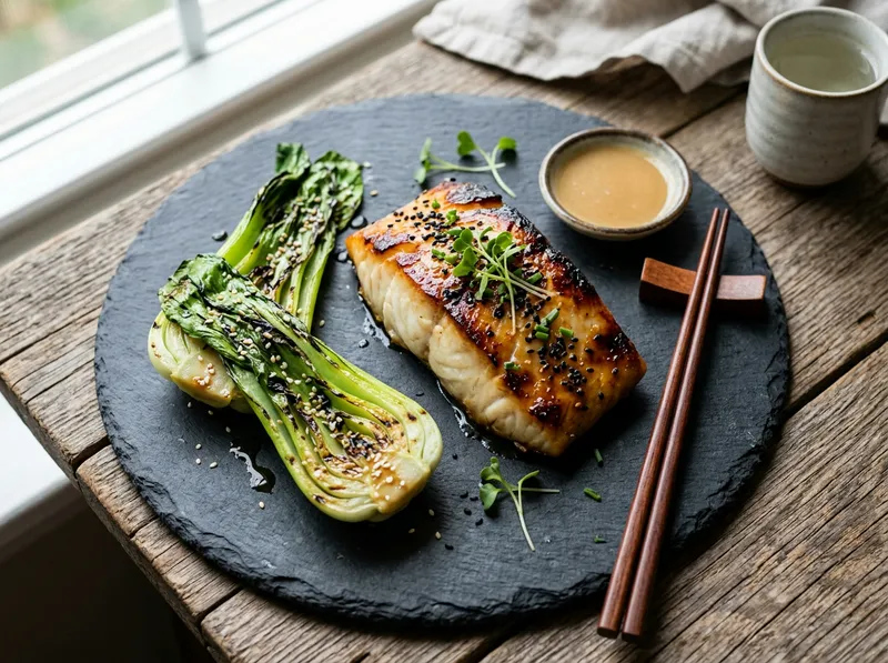 Würziger Miso-Kabeljau mit karamellisiertem Pak Choi