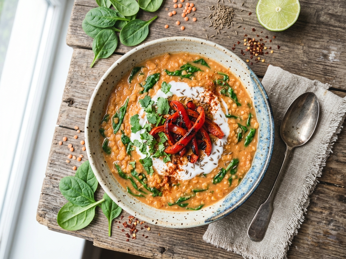 Würziger Rote-Linsen-Kokos-Eintopf mit Spinat und Röstpaprika