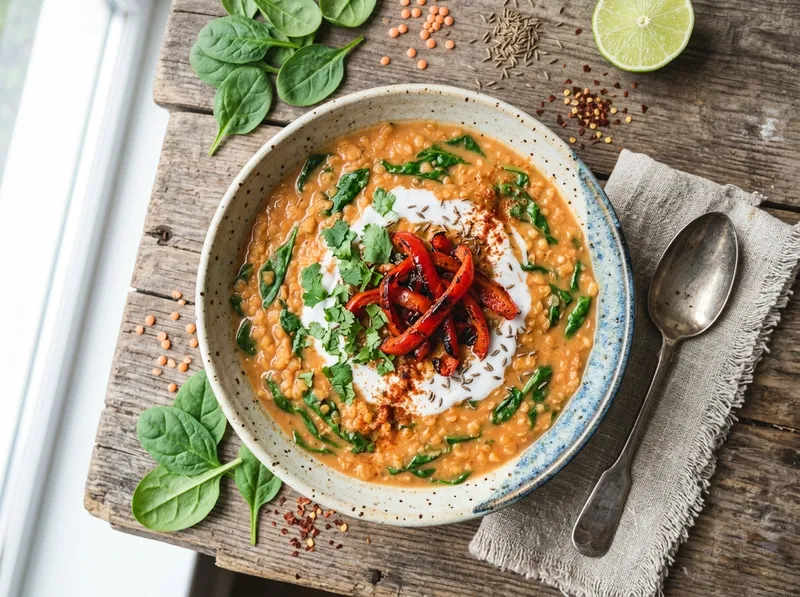 Würziger Rote-Linsen-Kokos-Eintopf mit Spinat und Röstpaprika