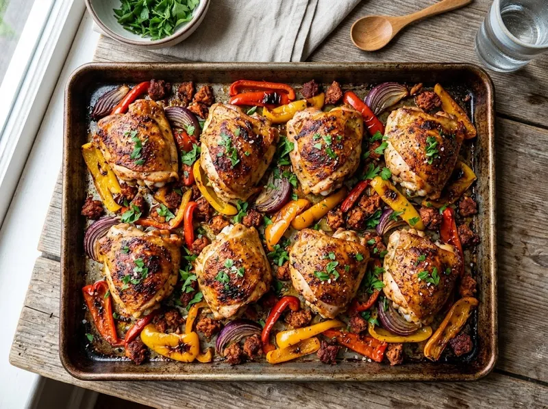 Würziges Ofenblech mit Hähnchenschenkeln, Paprika und Chorizo-Krümeln